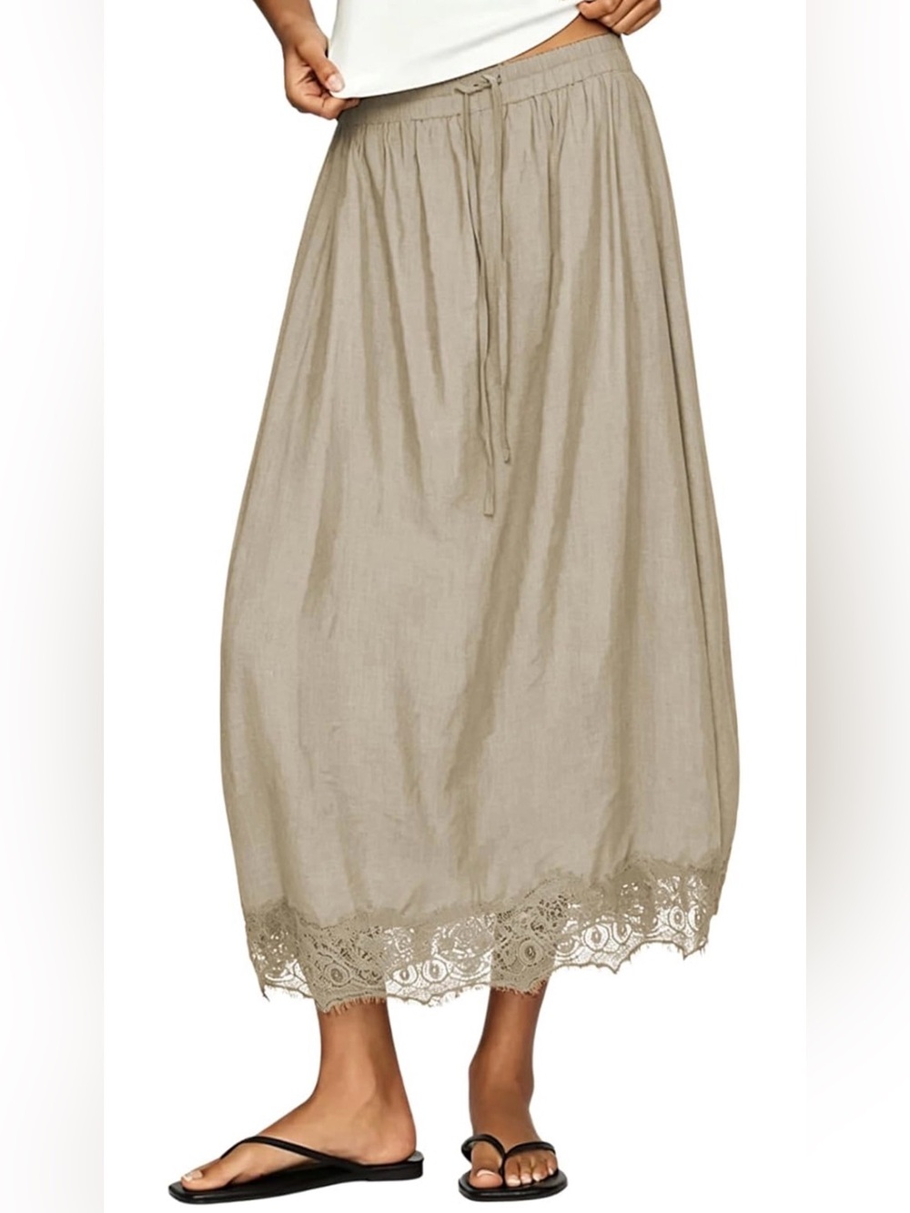 Neutral Lace-Hem Midi Skirt with Drawstring Waist